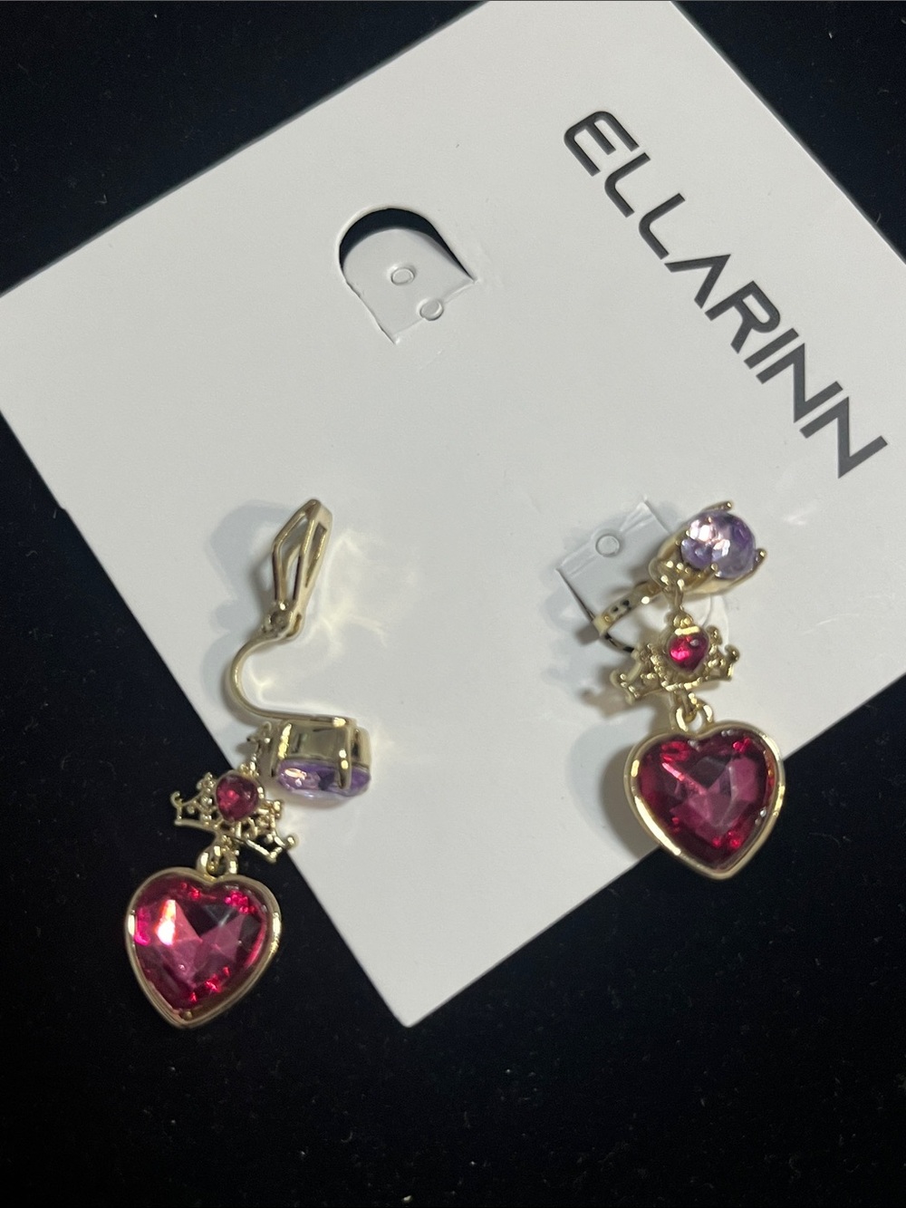 Gold-Tone Pink Heart Clip Drop Earrings with Purple Accent - Picture 3 of 3